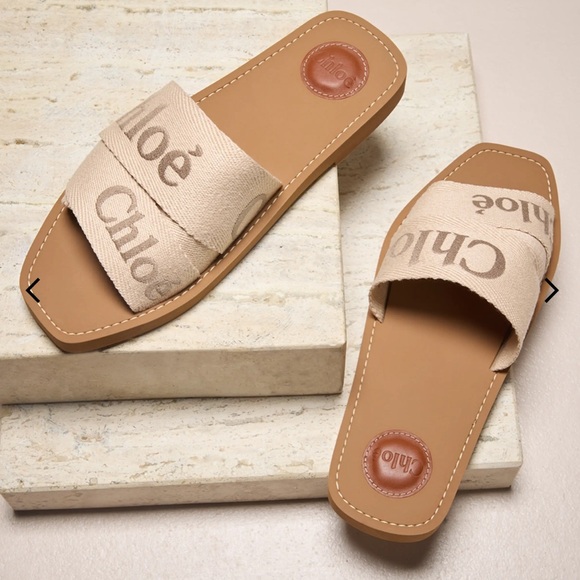 Chloe Shoes - Chloe Woody Logo Slide Sandal Size 38 Blushy Beige
